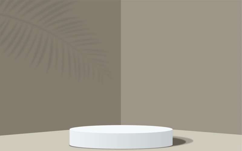 Palco de pódio circular branco e fundo de canto com palmeira deixa renderização 3d de sombra