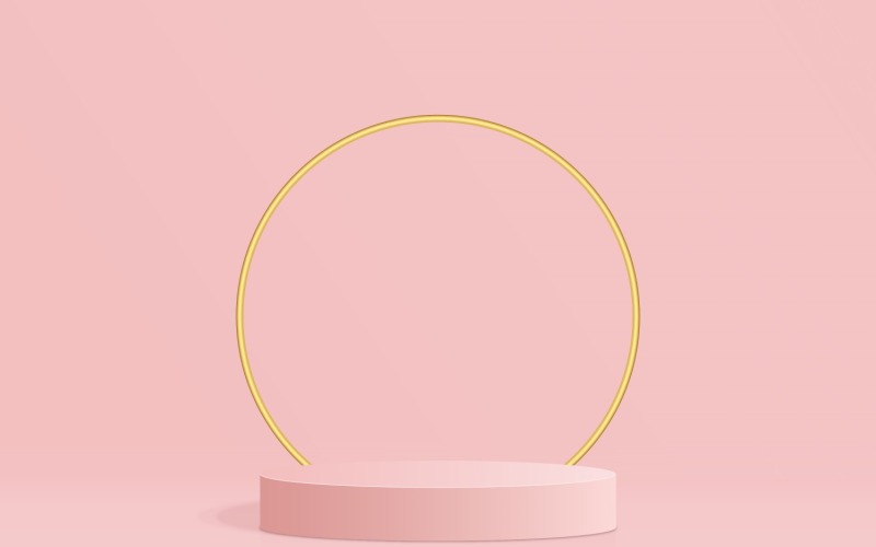 Runde Podiumsbühne und goldener Ring mit rosafarbenem Hintergrund 3D-Rendering
