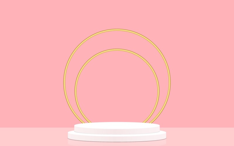 Estágio de pódio circular de duas cores brancas e dois anéis de cor dourada com renderização 3d de fundo rosa