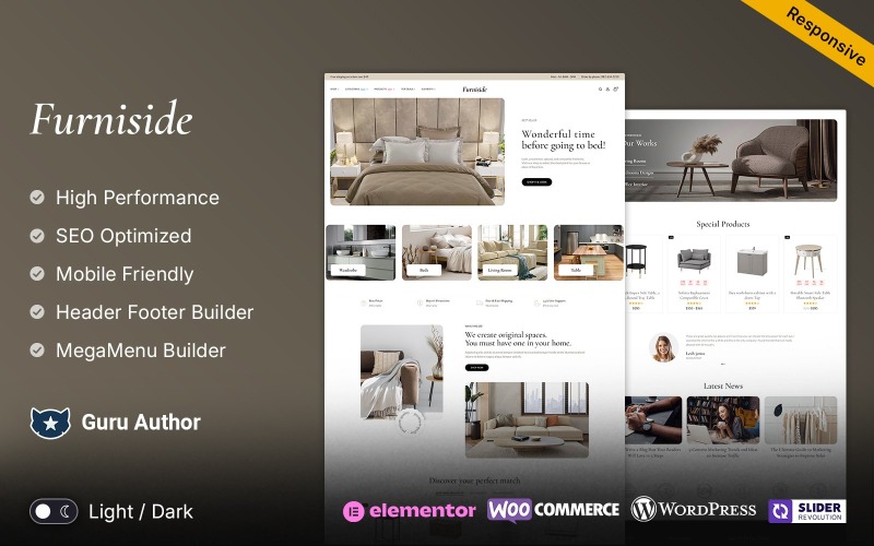 Furniside — Премиальная адаптивная тема WooCommerce Elementor для мебели и интерьера