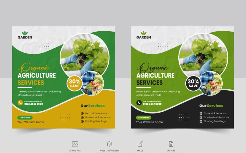 Modelo de banner de postagem de mídia social de serviços de agricultura orgânica