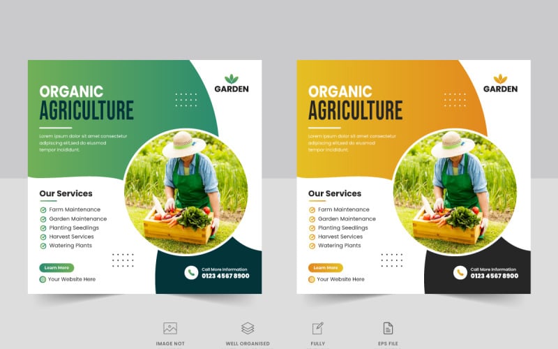Сообщение в социальных сетях о сельскохозяйственных и сельскохозяйственных услугах или дизайн шаблона веб-баннера для садоводства