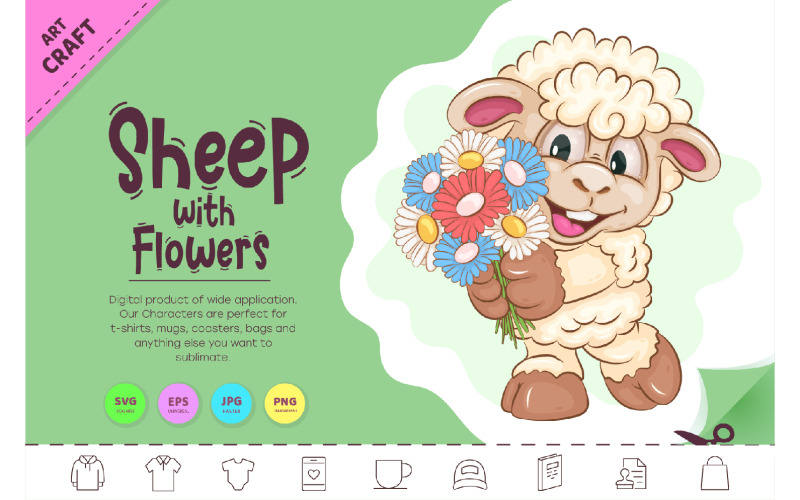 Ovejas de dibujos animados con flores. Clipart.
