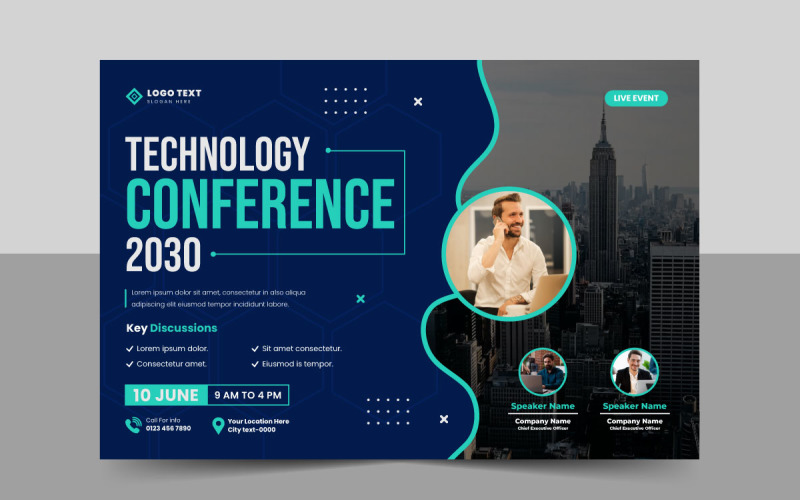 Panfleto de conferência de tecnologia de negócios abstrato e design de modelo de banner de convite para evento