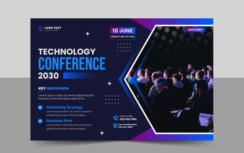 Panfleto de conferência de tecnologia de negócios e design de modelo de banner de convite para evento