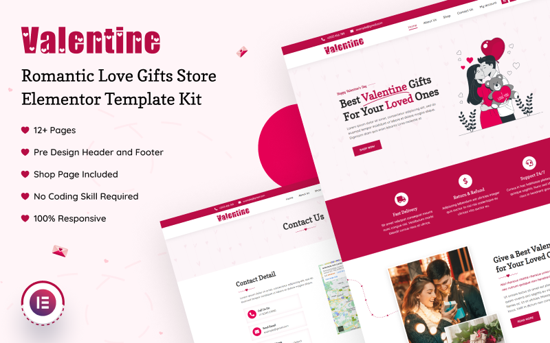 Valentine - Kit de plantilla Elementor de tienda de regalos de amor romántico