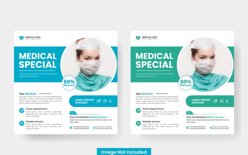 Conception d'affiches de santé médicale et hôpital pour bannière de publication carrée sur les médias sociaux