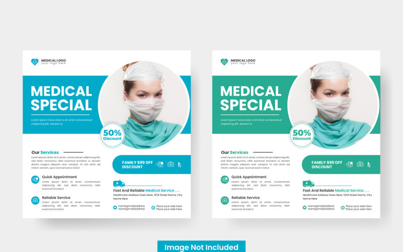 Design de pôster de saúde médica e hospital para banner de postagem de mídia social quadrada