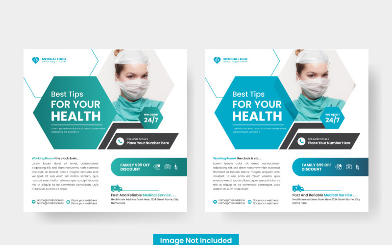 Design de pôster de saúde médica e hospital para conceito de modelo de banner de postagem de mídia social quadrada