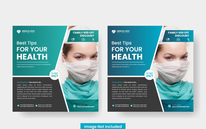 Kare sosyal medya afiş şablonu sonrası için tıbbi sağlık tasarımı ve hastane