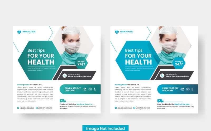 Kare sosyal medya sonrası afiş şablonu konsepti için tıbbi sağlık poster tasarımı ve hastane
