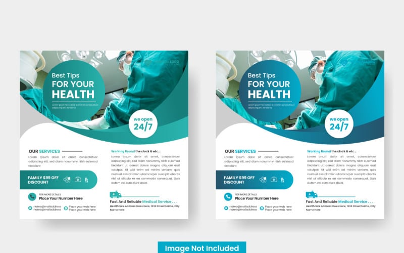 Kare sosyal medya sonrası şablon için vektör tıbbi sağlık poster tasarımı ve hastane