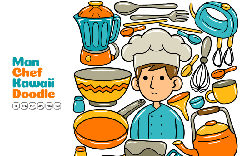 hombre, chef, kawaii, garabato, vector, ilustración