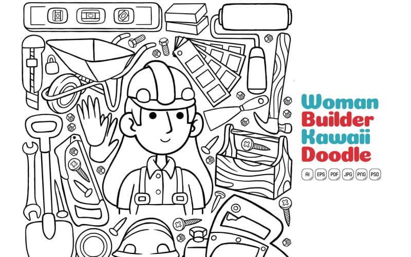 Donna costruttore Kawaii Doodle linea arte grafica