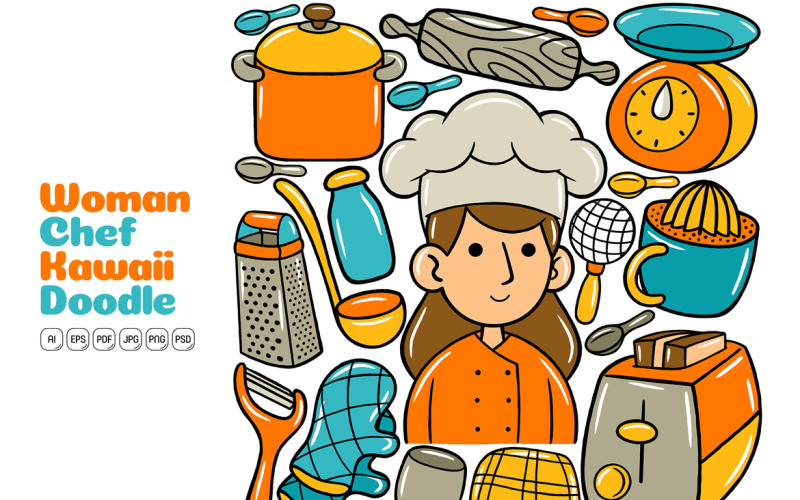 Женщина-шеф-повар Kawaii Doodle Vector Illustration
