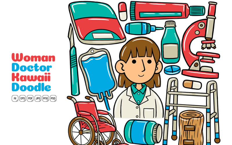 mujer, doctor, kawaii, garabato, vector, ilustración