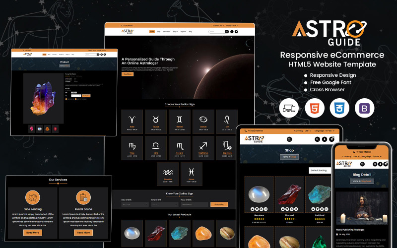 AstroGuide - Anpassningsbar HTML-mall för astrologi för horoskop, födelsehoroskop och andlig insikt