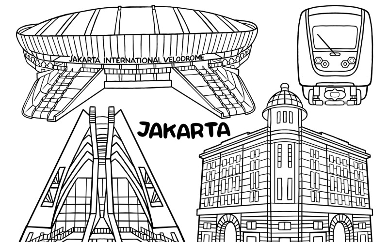 Giacarta Città Kawaii Doodle Line Art #02
