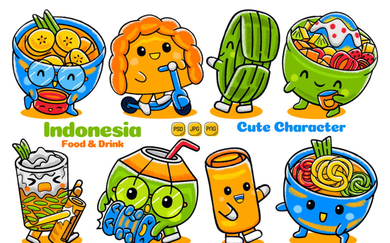 Personagem fofo de comida e bebida da Indonésia