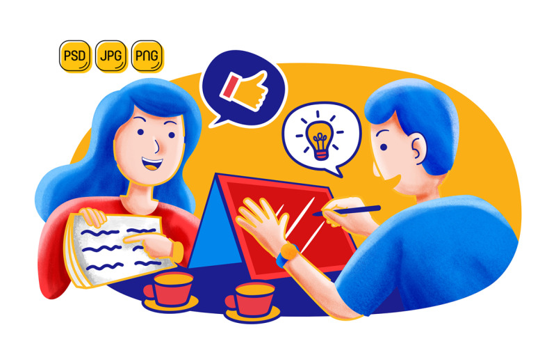 Illustration de discussion heureuse de deux travailleurs
