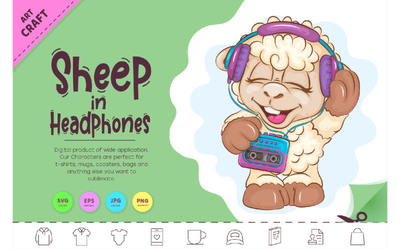 Cartoon Sheep in Headphones. Clipart.