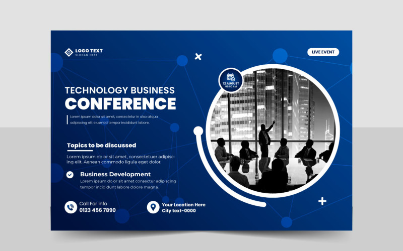 İş teknolojisi konferansı web semineri broşürü şablonu ve etkinlik afişi davetiye düzeni tasarımı