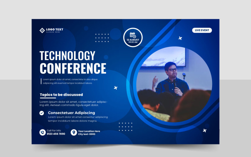 Modelo de panfleto de webinar de conferência de tecnologia criativa e layout de convite de banner de evento de negócios