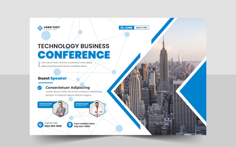 Modelo de panfleto de webinar de conferência de tecnologia de negócios ou layout de banner de evento online