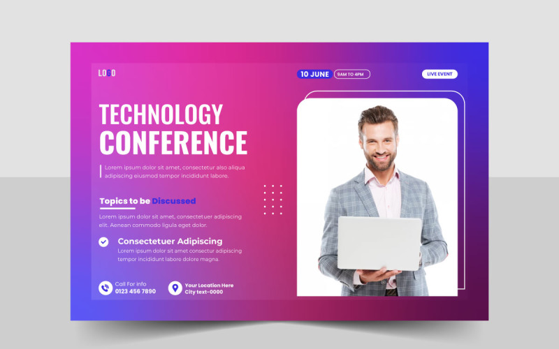 Modelo de panfleto de webinar de conferência de tecnologia e layout de banner de convite de evento online corporativo
