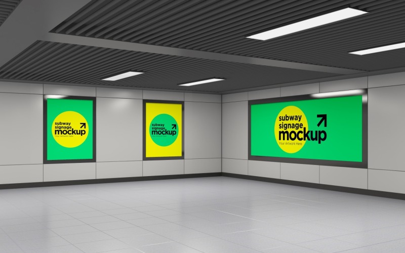 Subway Two Vertical And one Horizontal Signage Mockup