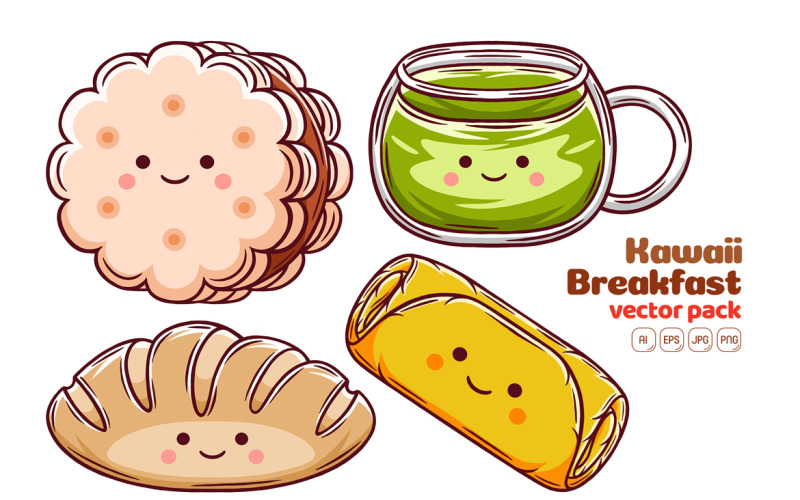 Pacote de vetores de café da manhã kawaii nº 04