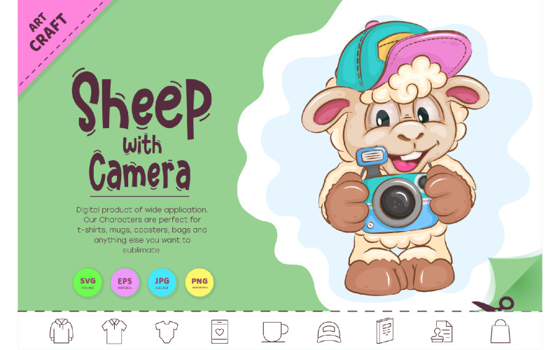 Cartoon-Schaf mit Kamera. Clip Art.