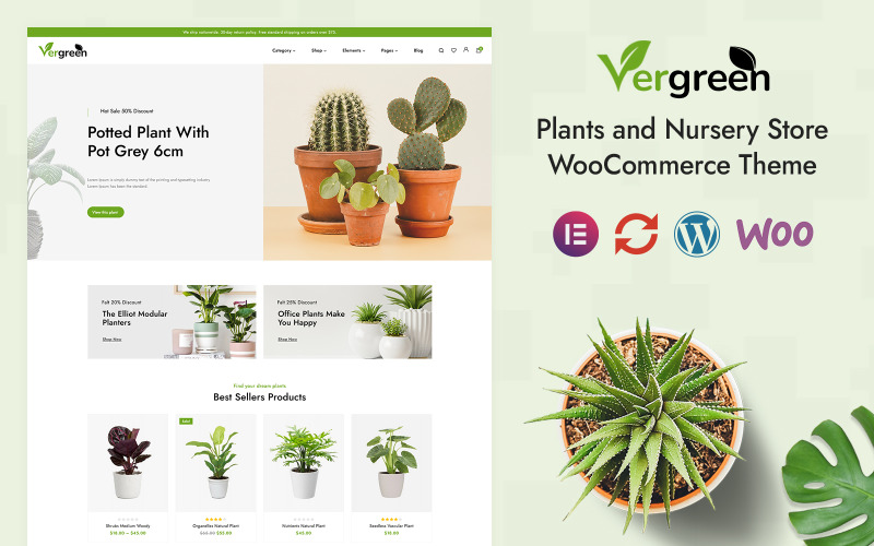 Vergreen — магазин растений и питомников Elementor Адаптивная тема для WooCommerce