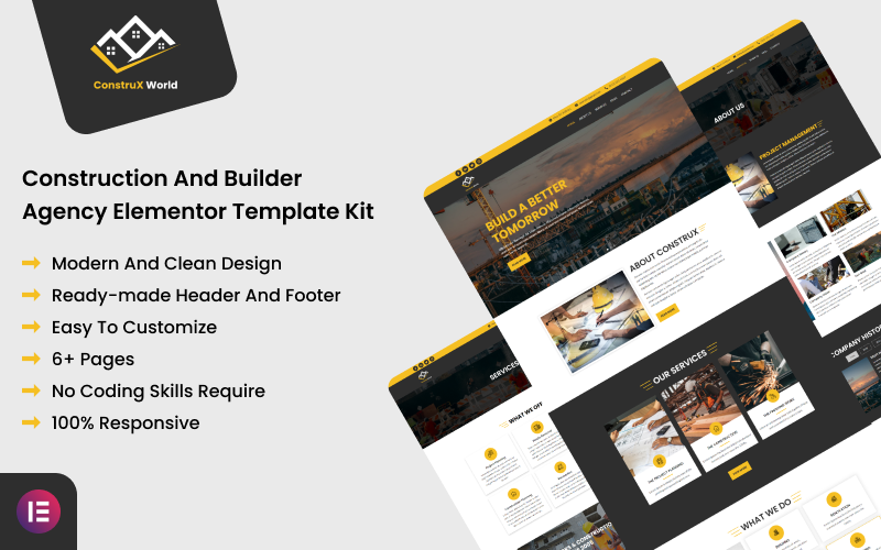 ConstruX World - Kit de plantillas Elementor para agencias de construcción y constructores