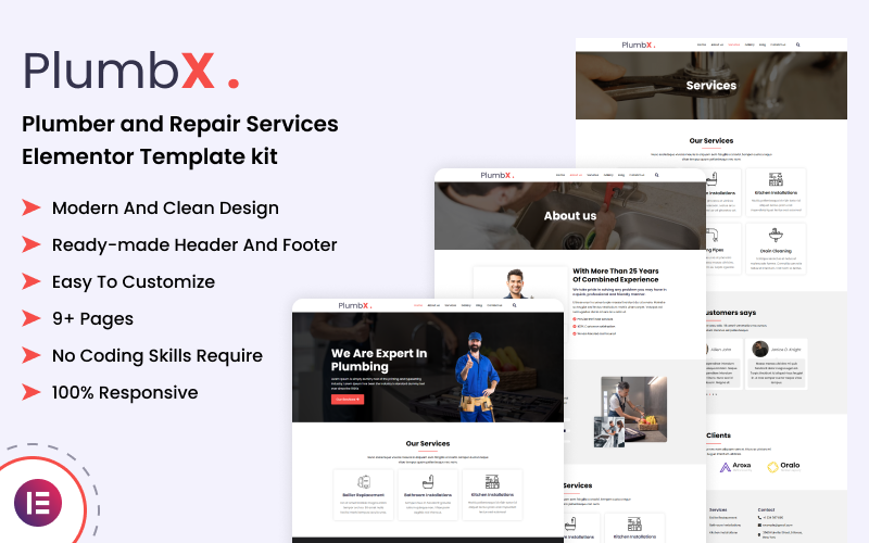 PlumbX - Kit de modèles Elementor pour plombiers et services de réparation