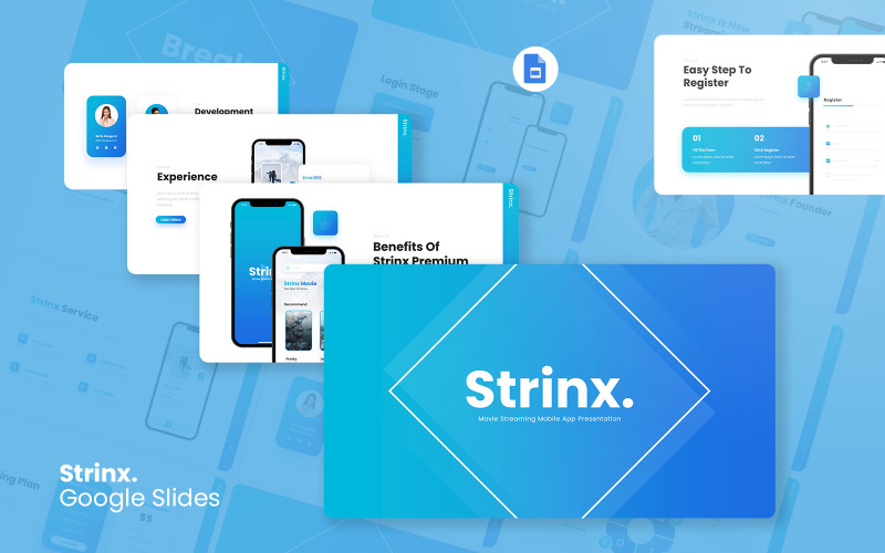 Strinx – шаблон Google Slides для мобільних додатків потокового передавання фільмів