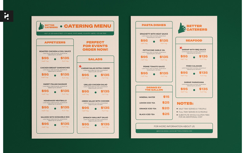 Modello di menu di catering del ristorante