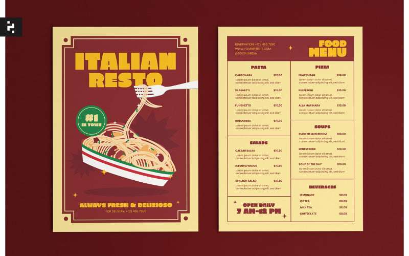 Шаблон комплекта меню итальянского ресторана
