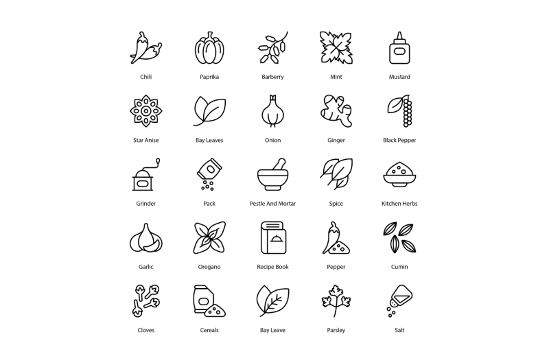 Byliny Icon Set Koření Ikony Balíček