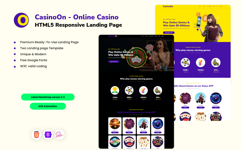 CasinoOn – online kasino responzivní vstupní stránka HTML5