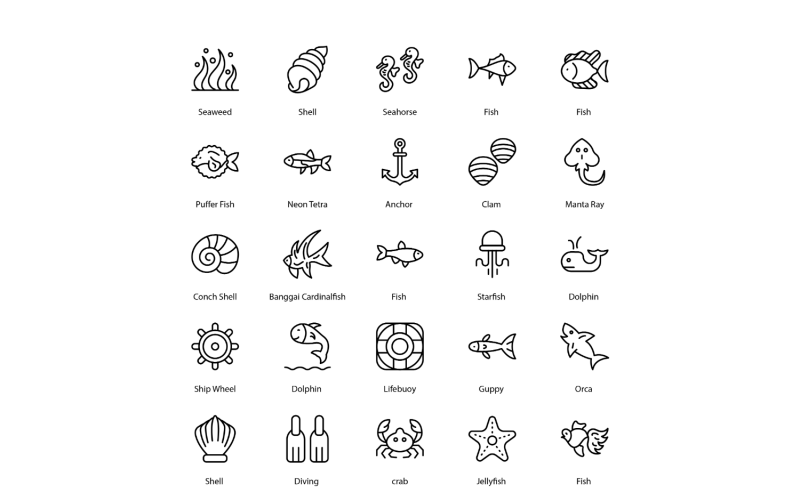 Zee icon Set Vis Oceaan Pictogrammen Bundel