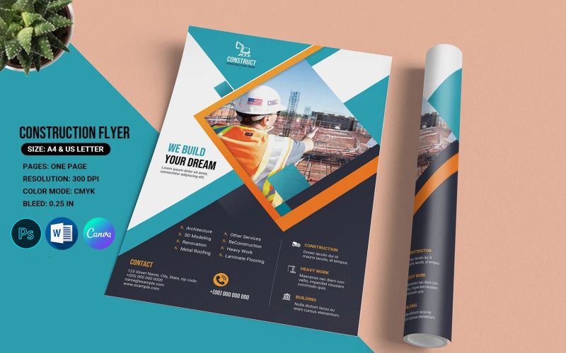 Modèle imprimable de flyer d'entreprise de construction