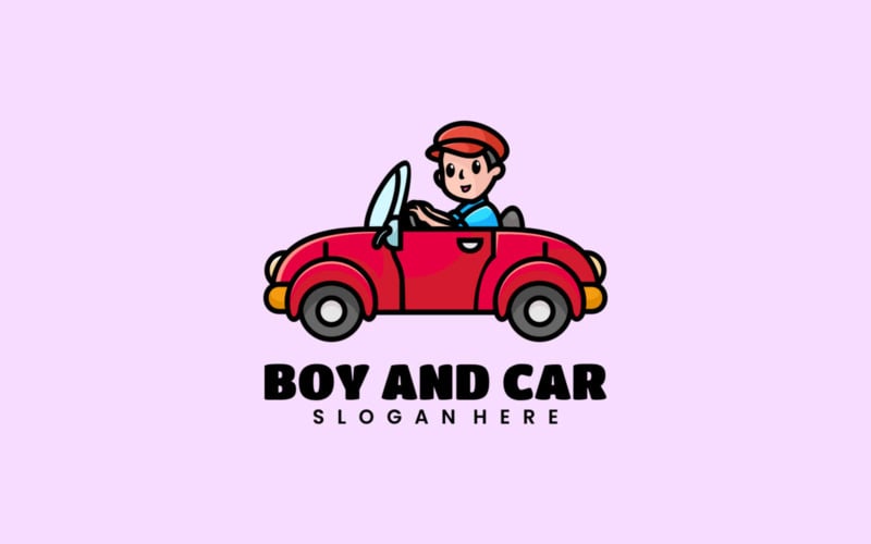 Estilo de logotipo de desenho animado de menino e carro