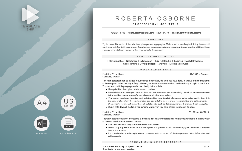 Modèle de CV professionnel Roberta Osborne