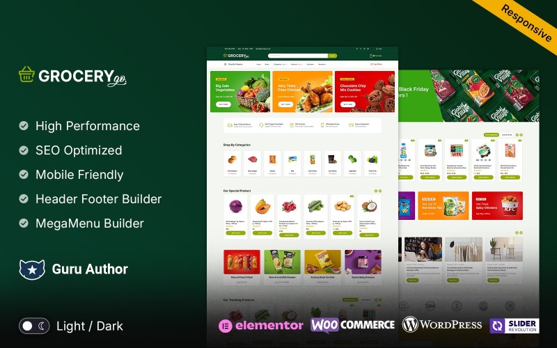 Grocerygo - Negozio multiuso di generi alimentari e supermercati Tema reattivo WooCommerce Elementor