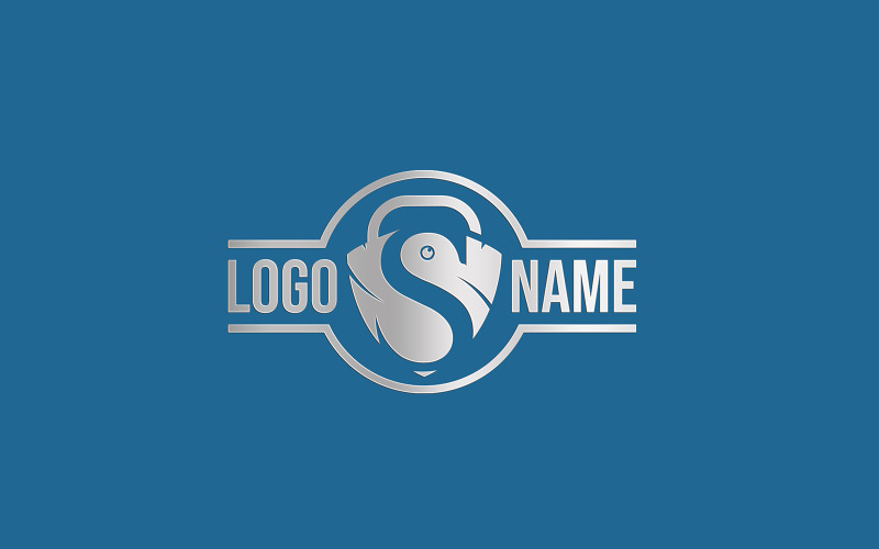 Metall-Logo-Attrappe auf blauem Texturhintergrund