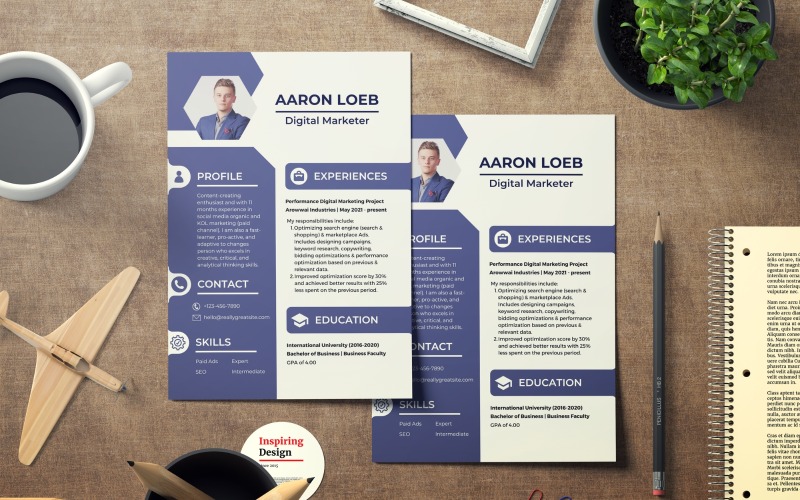 Modèle de CV de marketing numérique élégant bleu et gris