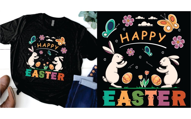 Feliz Pascua con huevos y lindo diseño de camiseta de conejito