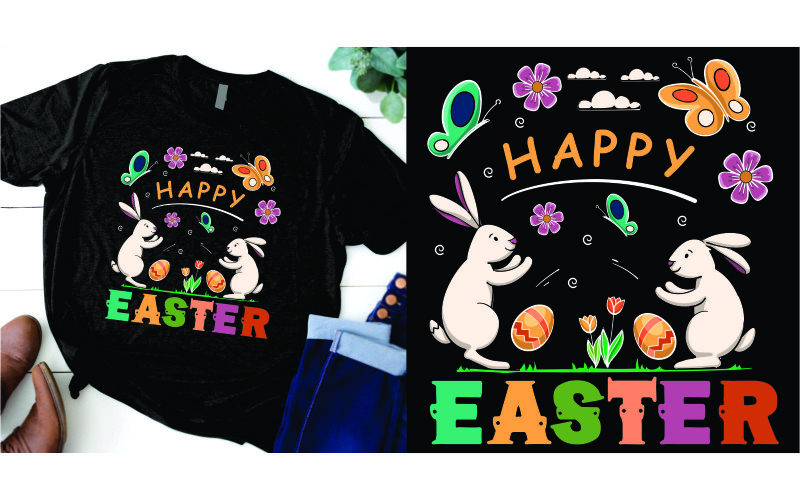 Frohe Ostern mit Eiern und süßem Hasen-T-Shirt-Design