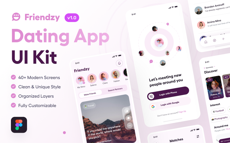 Friendzy - найкращий комплект інтерфейсу додатка для знайомств
